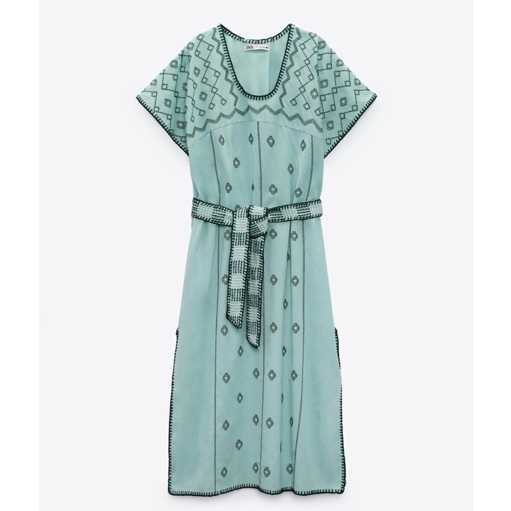 Zara embroidered midi dress in emerald